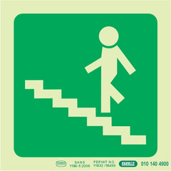 PHOTOLUMINESCENT 190MM SAFETY SIGN -E9-RUNNING MAN ON STAIRS GOING UP AND LEFT