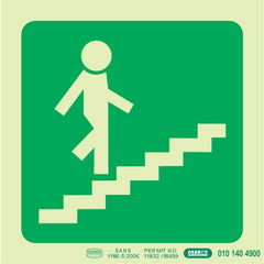 PHOTOLUMINESCENT 190MM SAFETY SIGN -E8-RUNNING MAN ON STAIRS GOING UP AND RIGHT
