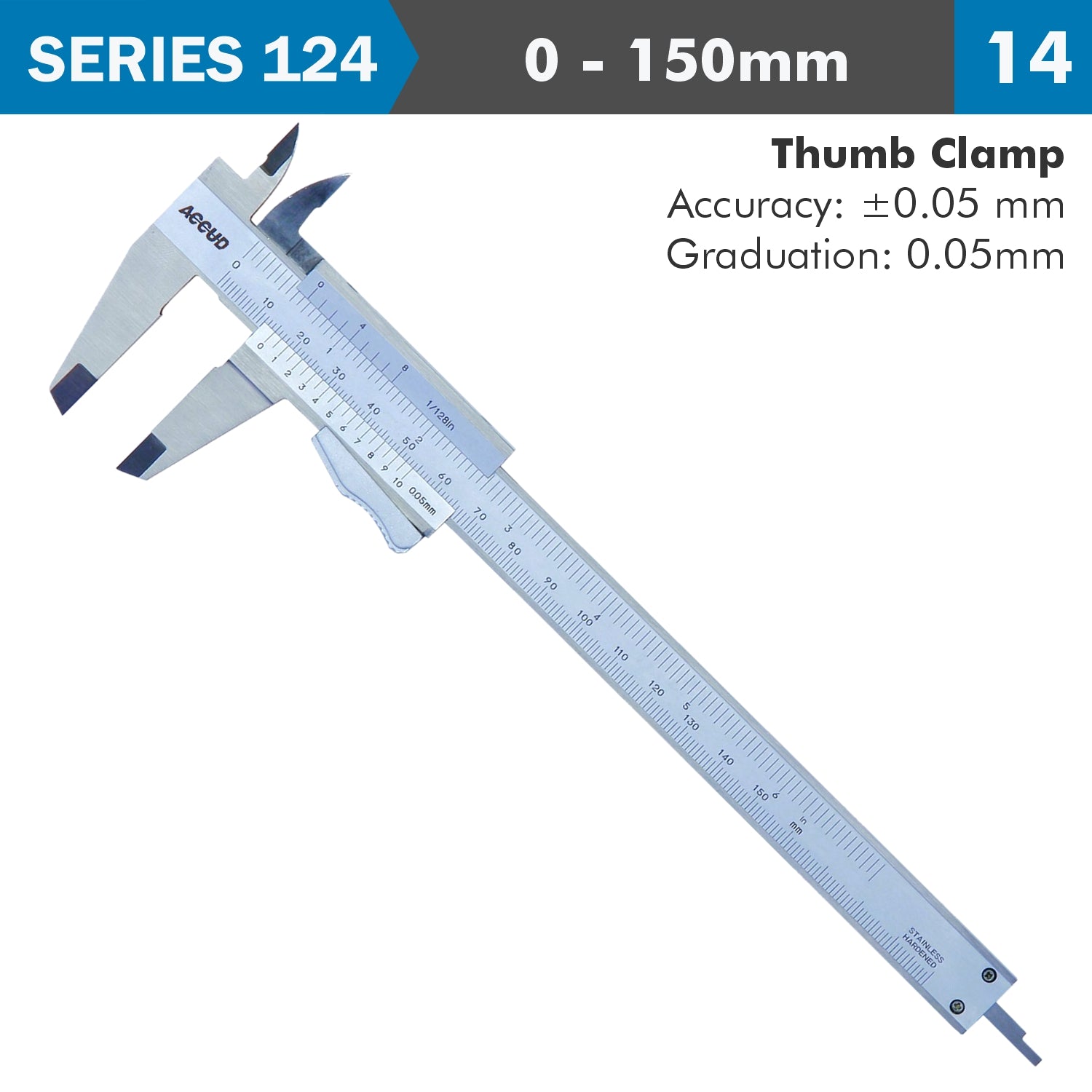 VERNIER CALIPER 150MM AUTO THUMB CLAMP 0.05MM ACC. 0.05MM GRAD. S/STEE
