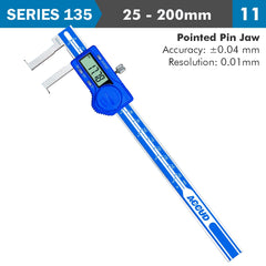 DIG. CALIPER 25-200MM 0.04MM ACC. INSIDE NECK 0.01MM RES. S/STEEL