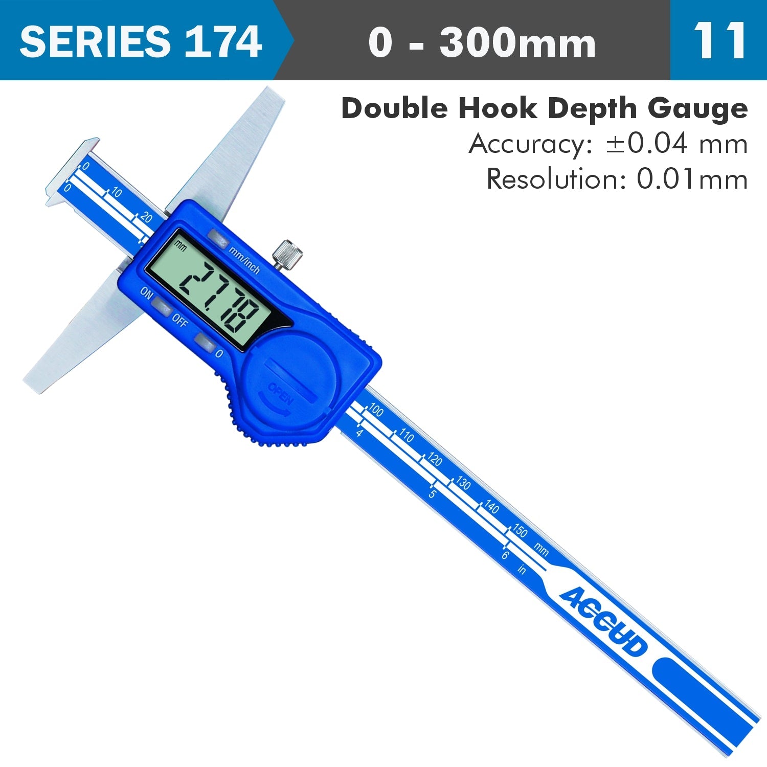DIG. CALIPER 300MM 0.04MM ACC. DOUBLE HOOK DEPTH 0.01MM RES. S/STEEL