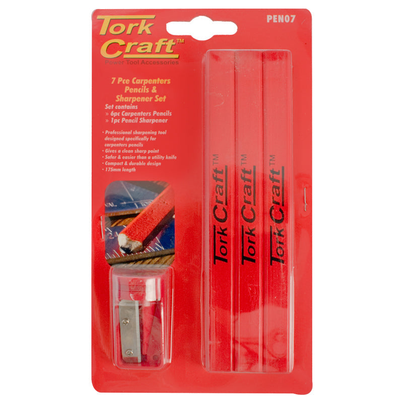 7PC TORK CRAFT CARPENTERS PENCIL SET 6 X PENCIL 1 X SHARPENER