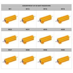 Assortment of 12 values of 50w alu clad resistors 0e1 to 0e82 res-ass-50w-lv1
