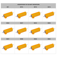 ASSORTMENT OF 12 VALUES OF 50W ALU CLAD RESISTORS 0R1 TO 0R82 RES-ASS-50W-LV1