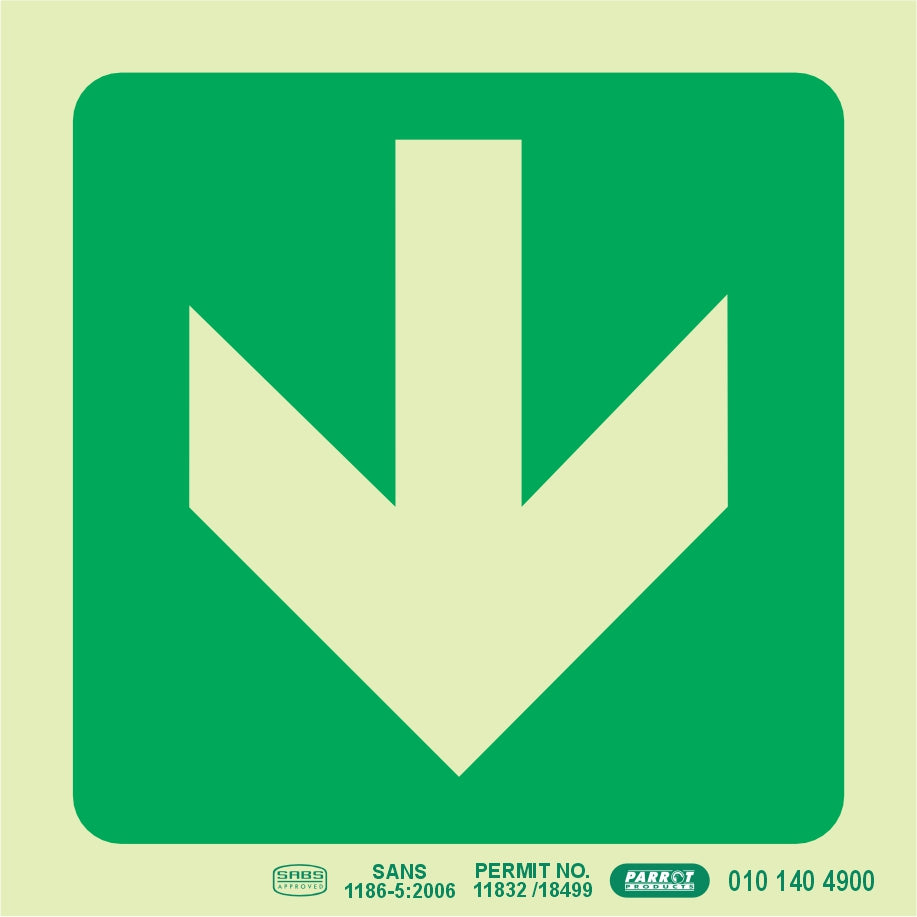 PHOTOLUMINESCENT 190MM SAFETY SIGN -E23-ARROW DOWN