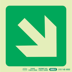 PHOTOLUMINESCENT 190MM SAFETY SIGN -E31-DIAGONAL ARROW DOWN AND RIGHT
