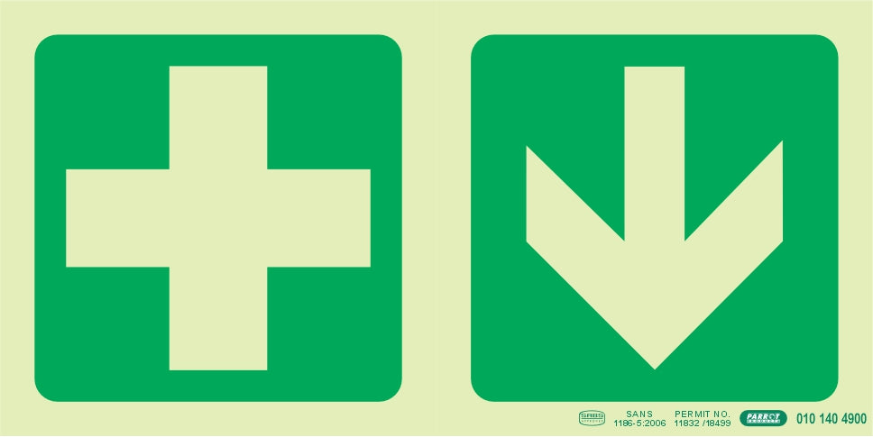 PHOTOLUMINESCENT 190MM SAFETY SIGN -E7A-GREEN CROSS+ARROW DOWN