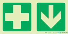PHOTOLUMINESCENT 190MM SAFETY SIGN -E7A-GREEN CROSS+ARROW DOWN