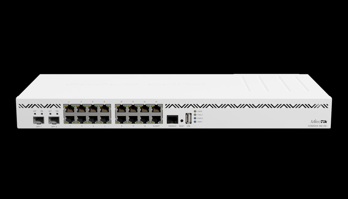 MikroTik CCR2004-16G-2S+, 16 x 1GB Ethernet ports and 2 x 10G SFP+ ports, 1x USB port