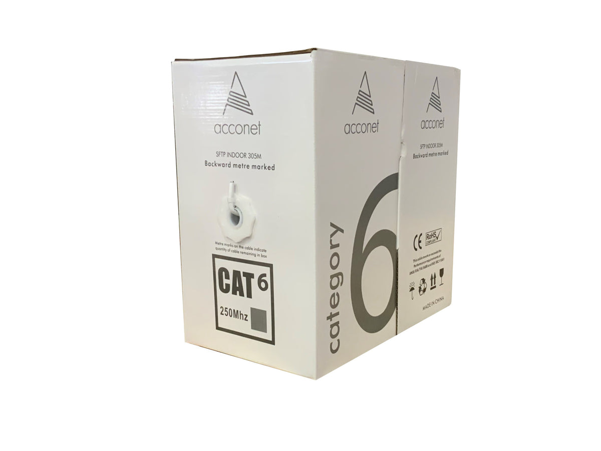 Acconet CAT6 Indoor Ethernet Cable 305m White CCA STP Pull Box | CAT6-305-STP