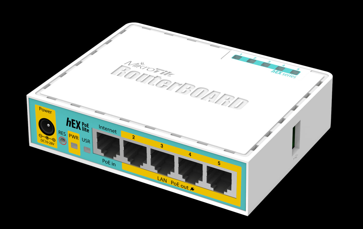MikroTik hEX PoE Lite - Desktop PoE Router with 5 10/100 LAN ports and 1 USB port