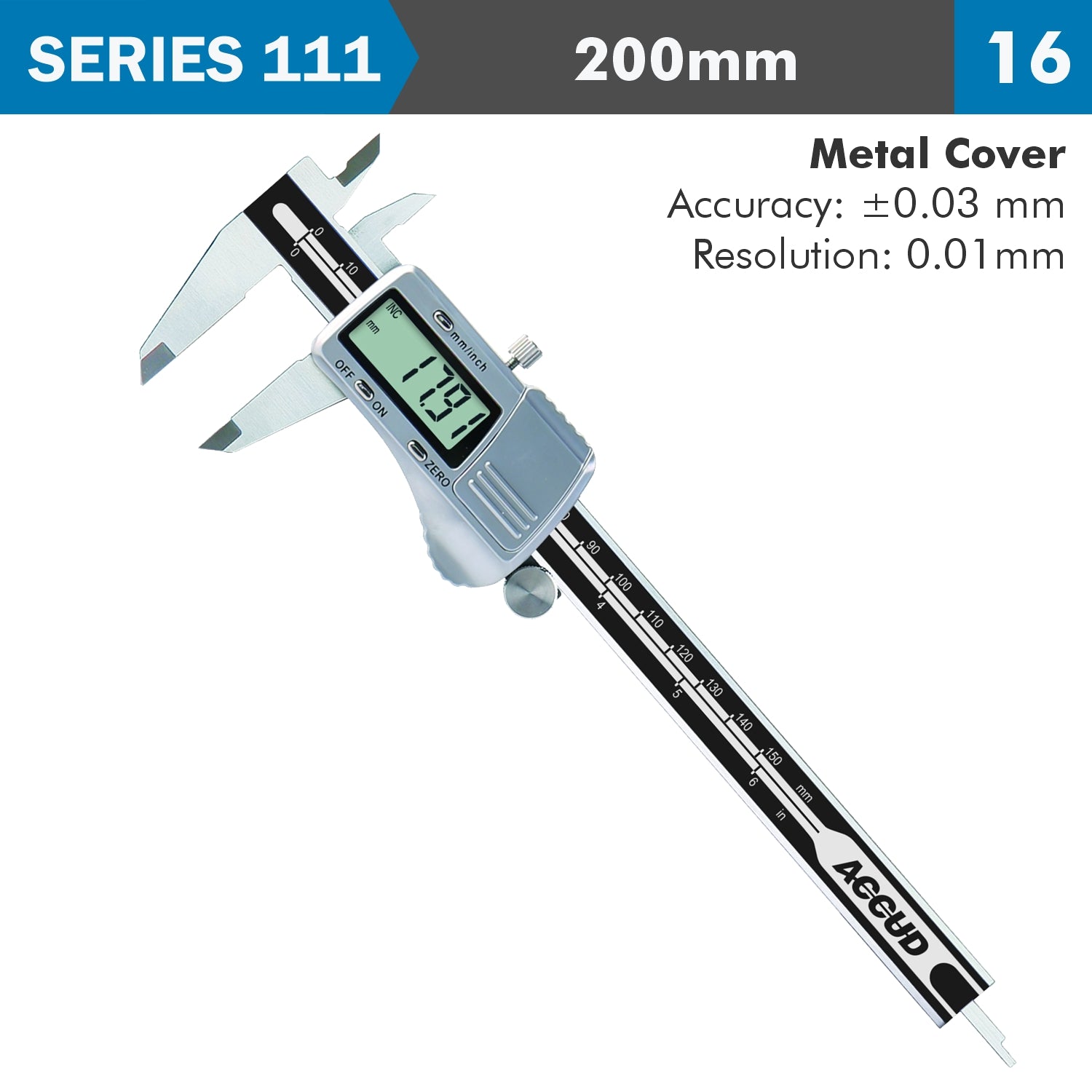 DIG. CALIPER 200MM 0.03MM ACC. METAL COVER S/STEEL 0.01MM RES.