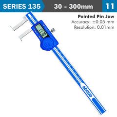 DIG. CALIPER 30-300MM 0.05MM ACC. INSIDE NECK 0.01MM RES. S/STEEL