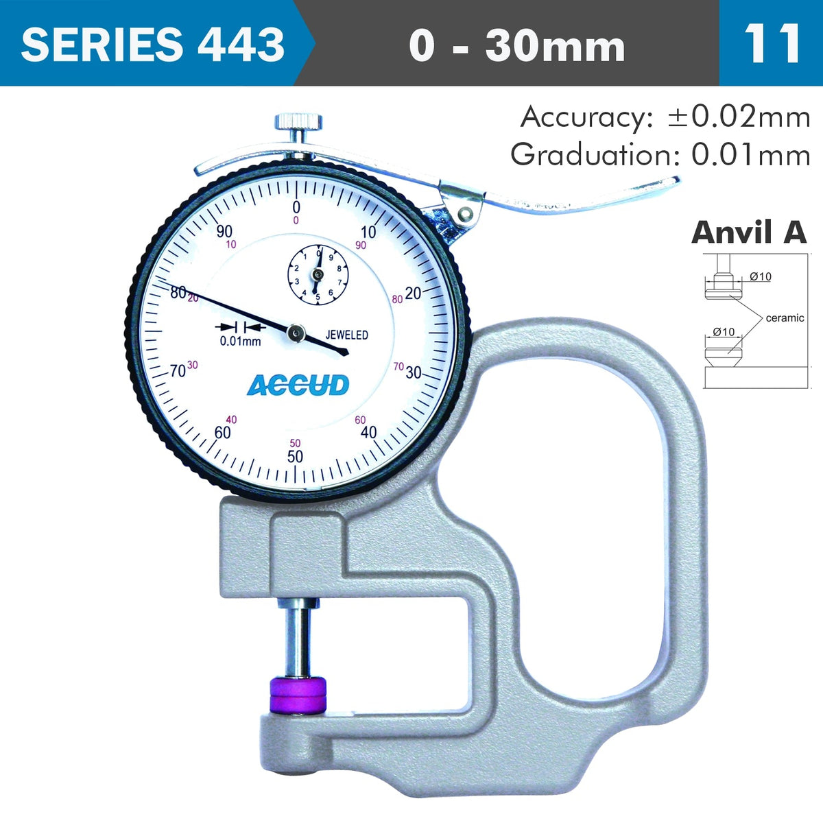 THICKNESS GAUGE 30MM 0.03MM ACC. CERAMIC ANVIL 0.01MM GRAD.