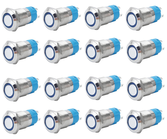 Push button switch no/nc spdt 5a 12v m19 d=22 l=35 mom blue - 40/box las3-19f-w11em-bl