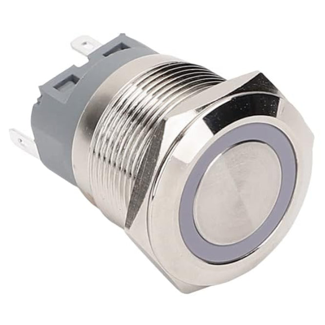 22mm push button switch mom spdt, iillum green metal 250vac 5a pb-steel-ill-mom-g