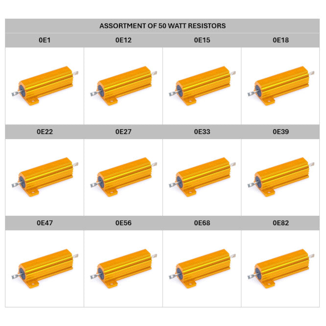 Assortment of 12 values of 50w alu clad resistors 0e1 to 0e82 res-ass-50w-lv1