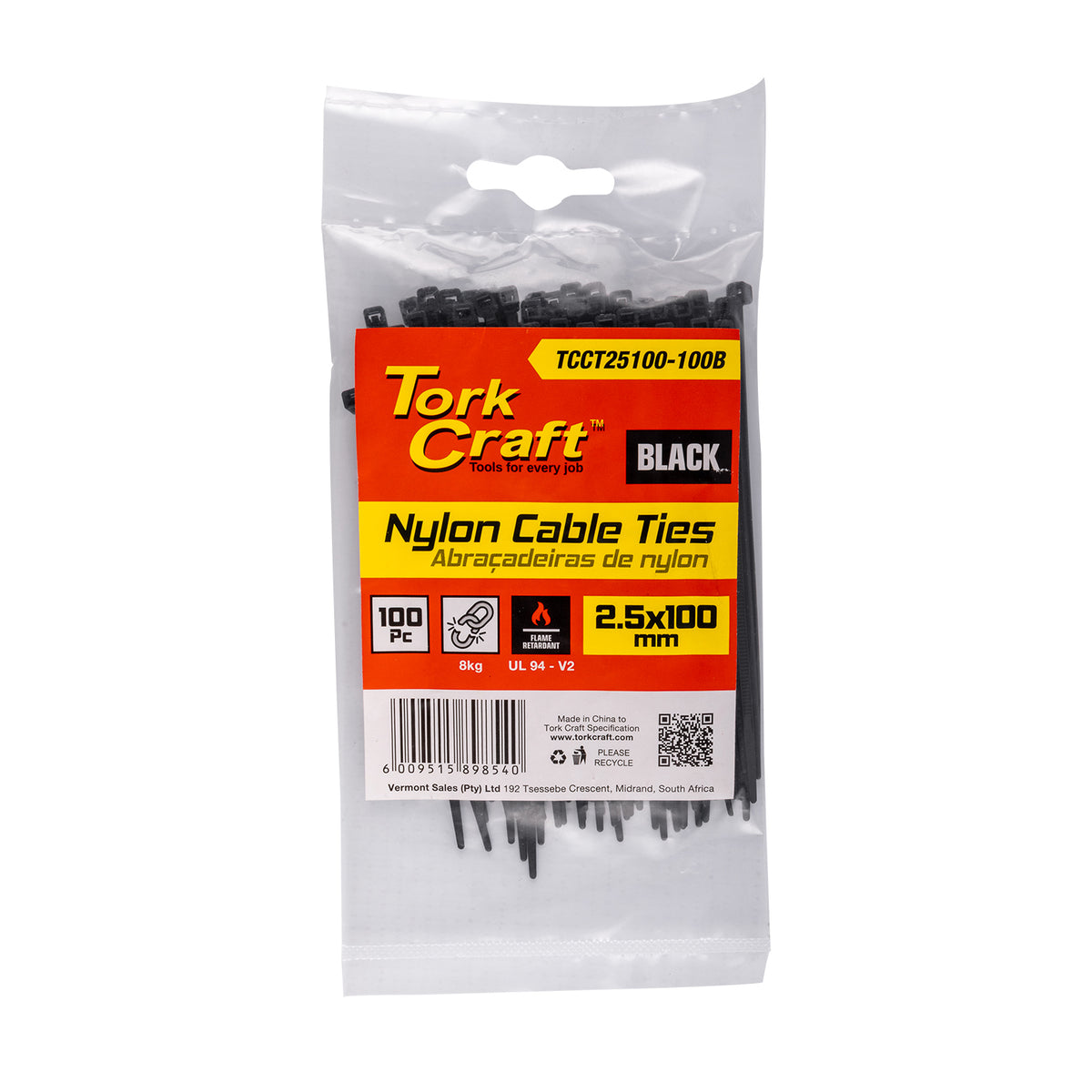 Nylon cable ties 2.5mm x 100mm black 100pc