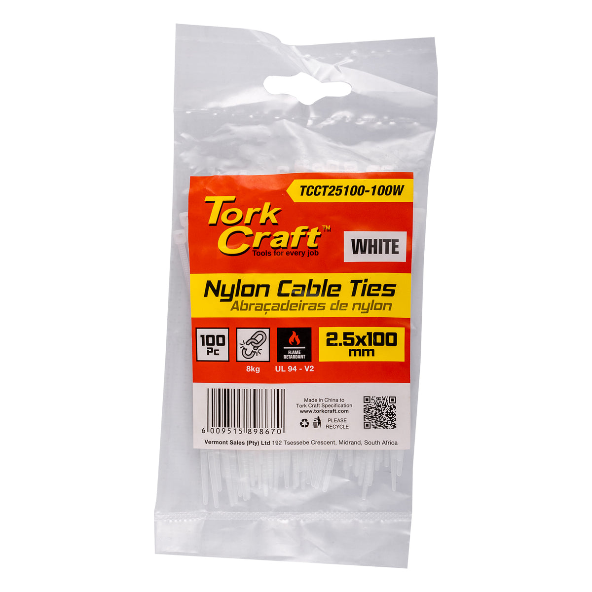 Nylon cable ties 2.5mm x 100mm white 100pc